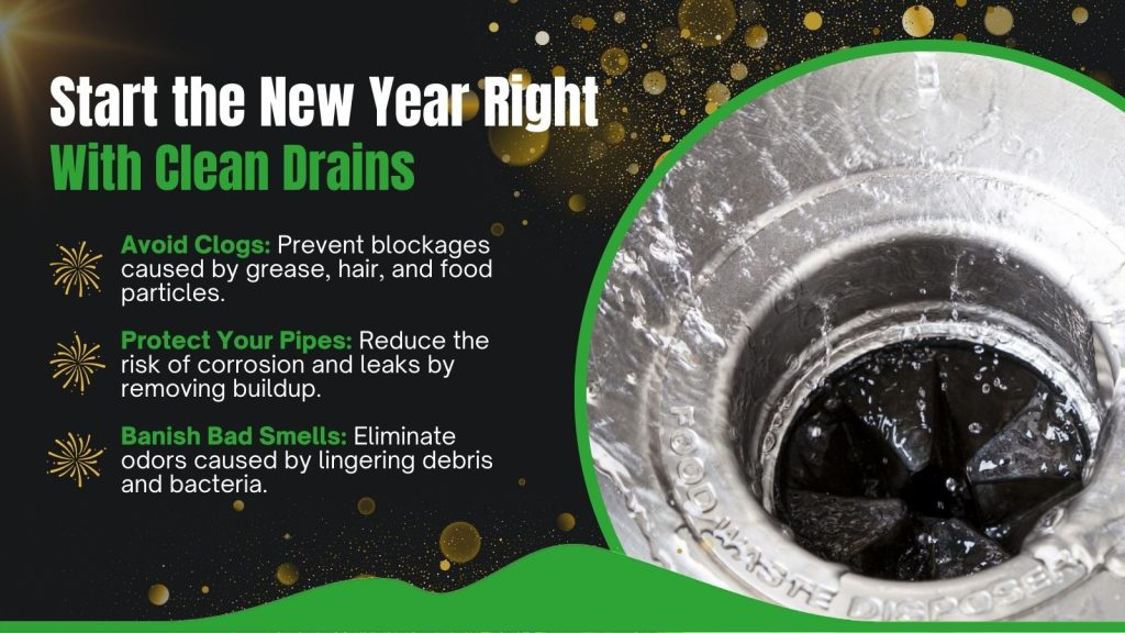 This is an image of a clean drain. The headline reads; Start the new year right with clean drains.